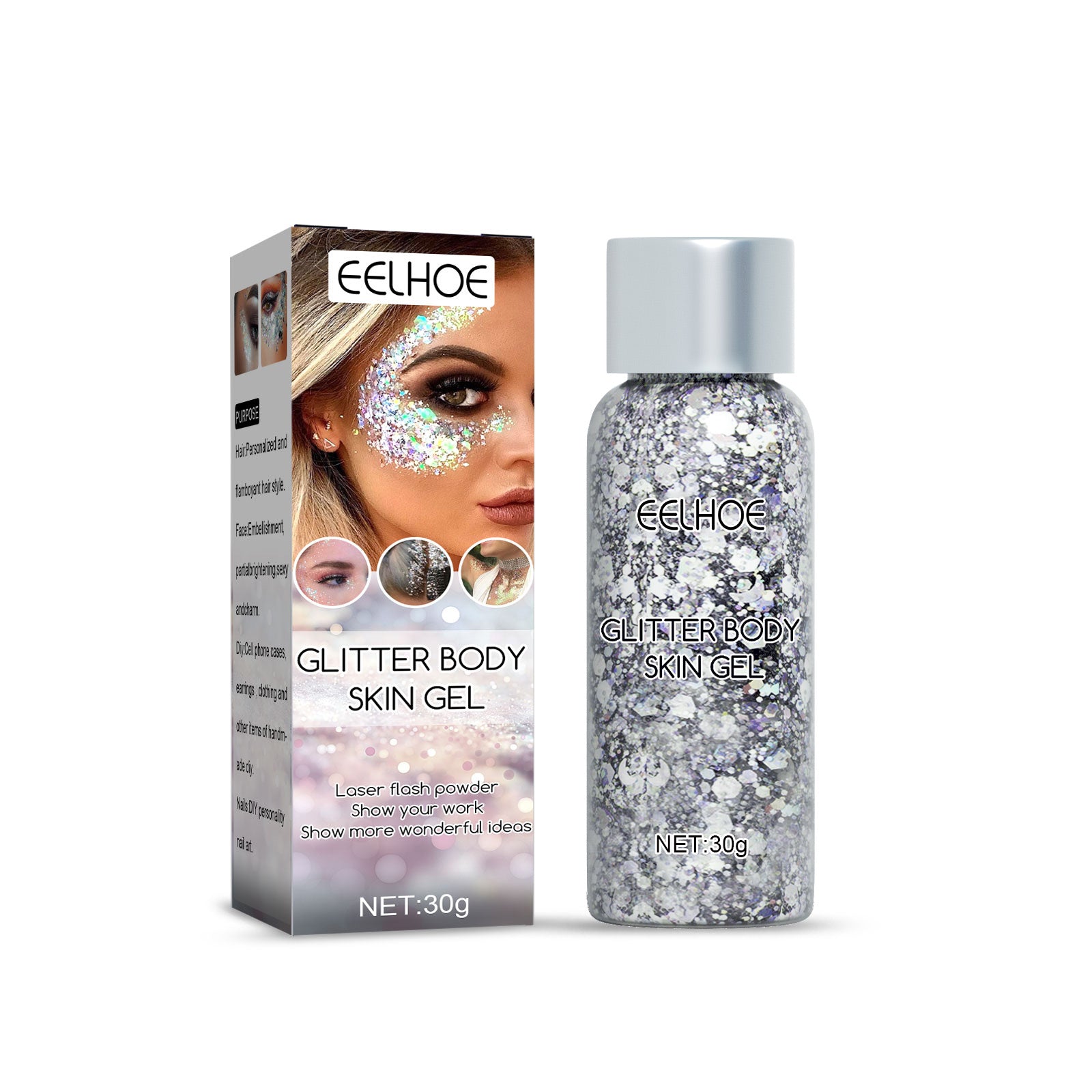 EELHOE Shining Body Skin Gel (Silver) Makeup Fish Scale Sequin Gel Sequin Stage Performance Makeup Props Eyeshadow default title