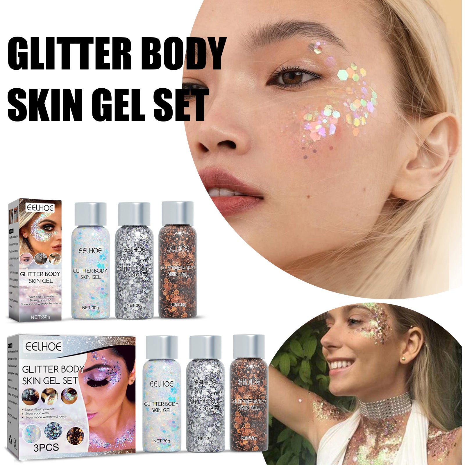 EELHOE Shining Body Skin Gel (Silver) Makeup Fish Scale Sequin Gel Sequin Stage Performance Makeup Props Eyeshadow