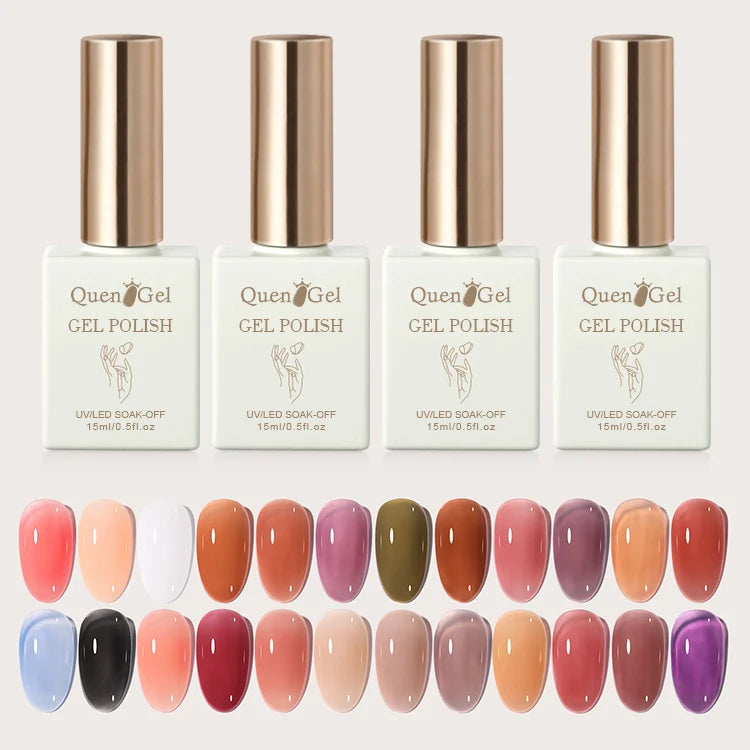 Quengel New Arrivals 15ml Jelly Gel Polish 24 Colors Private Label Logo UV LED Nail Gel Polish