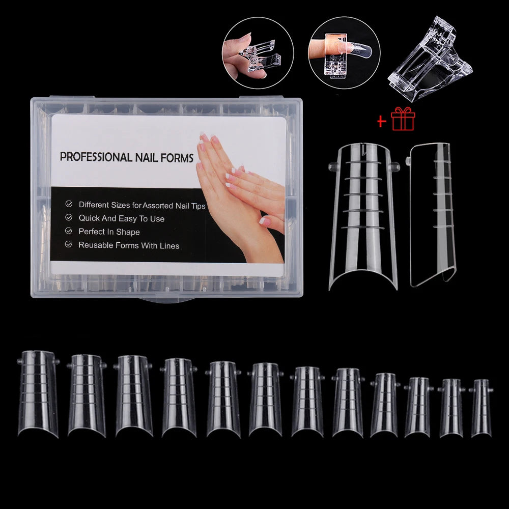 NEW Stiletto Coffin Clear Dual Forms False Tips Quick Building Gel Mold Nail System Full Cover Nail Extension Forms Top T-120pcs-box