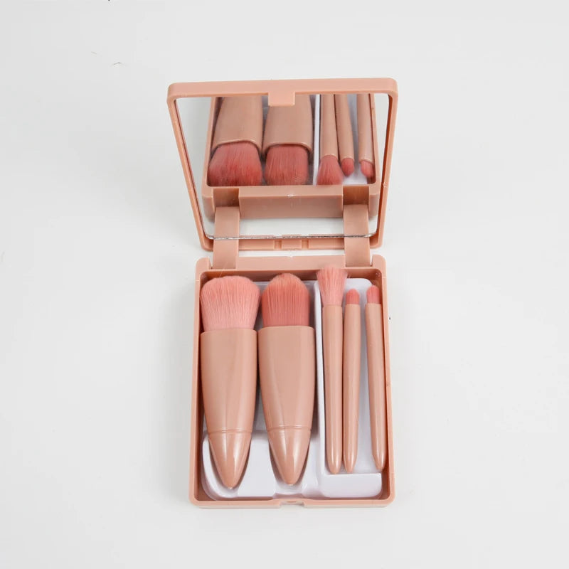 Top Selling Super Soft 5pcs Mini Portable Professional Makeup Brush Eye Shadow Foundation Powder Makeup Brush Set with Mirror Brown regular size