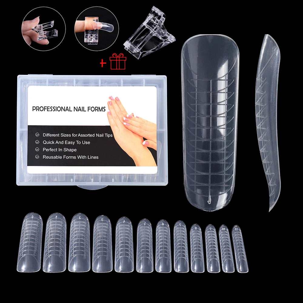 NEW Stiletto Coffin Clear Dual Forms False Tips Quick Building Gel Mold Nail System Full Cover Nail Extension Forms Top V-...