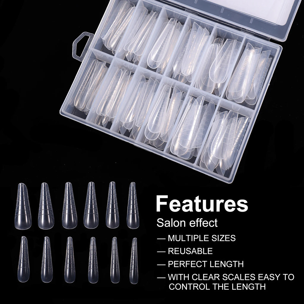 NEW Stiletto Coffin Clear Dual Forms False Tips Quick Building Gel Mold Nail System Full Cover Nail Extension Forms Top
