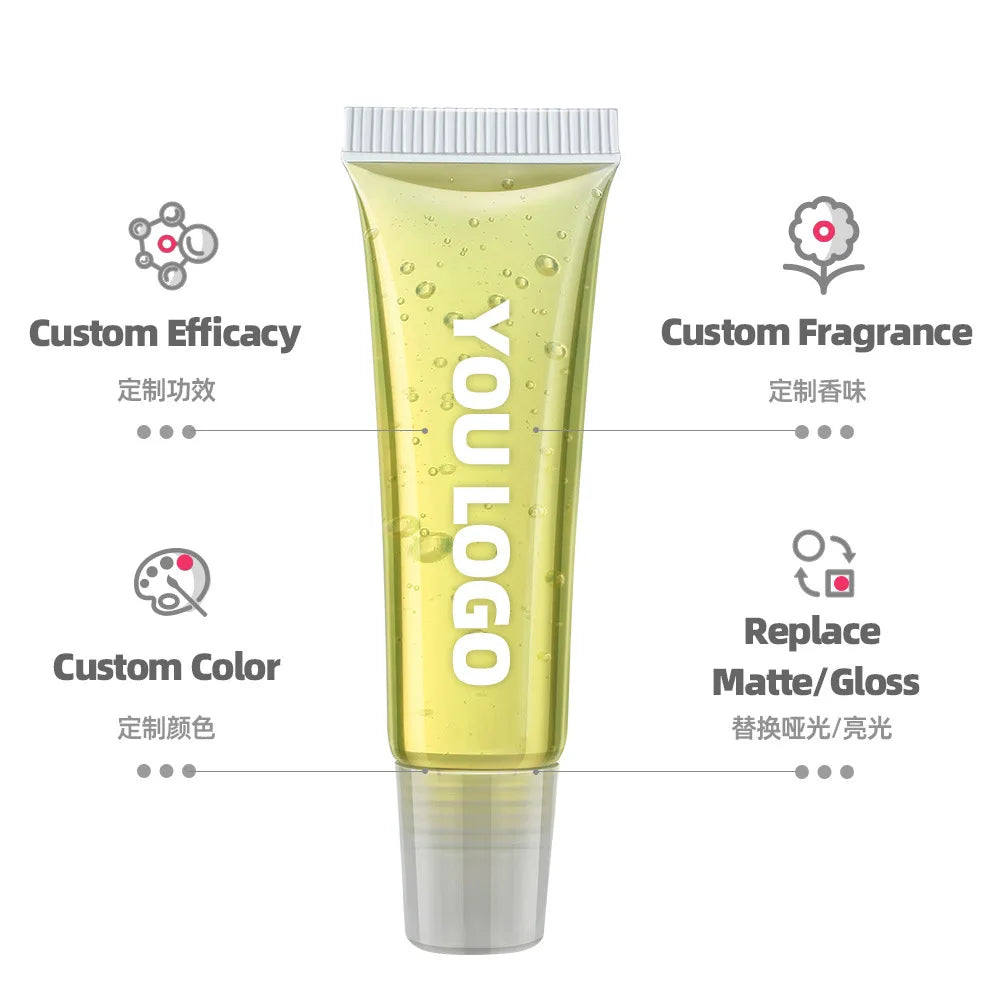 10 ml SPF Customized Logo Vegan Lip Oil Fruit Flavor Moisturizing Makeup Liquid Lip Balm OEM 7 Colors Plumping Lip Gloss Base