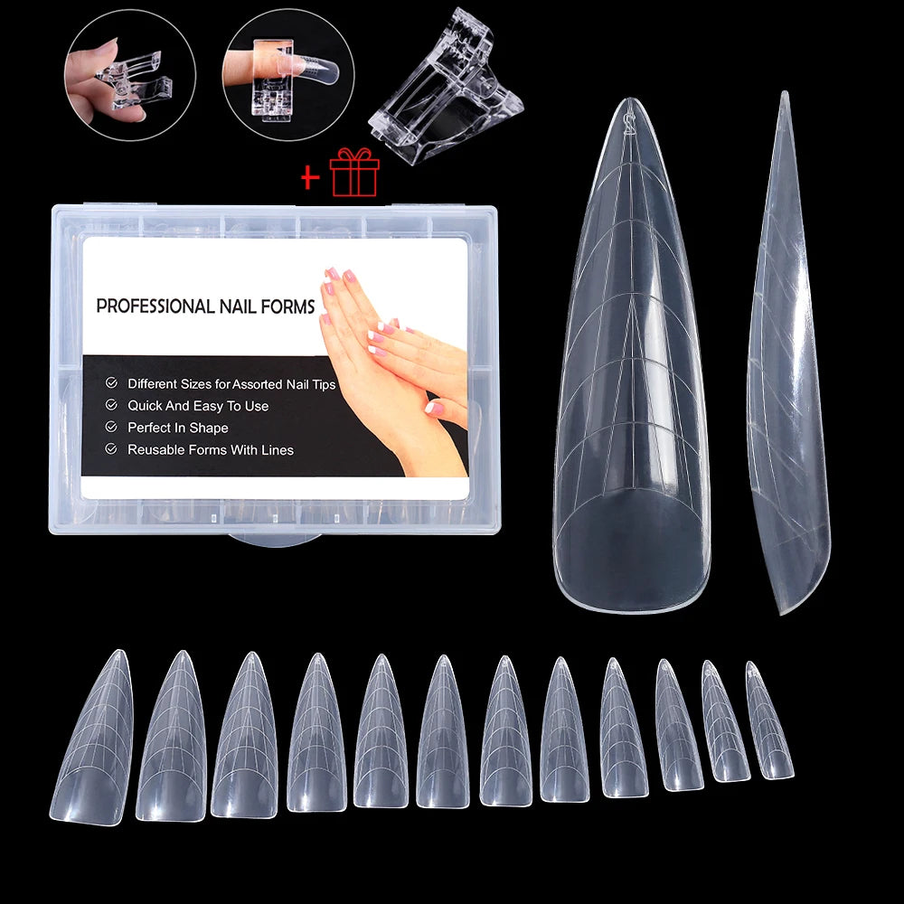 NEW Stiletto Coffin Clear Dual Forms False Tips Quick Building Gel Mold Nail System Full Cover Nail Extension Forms Top W-...