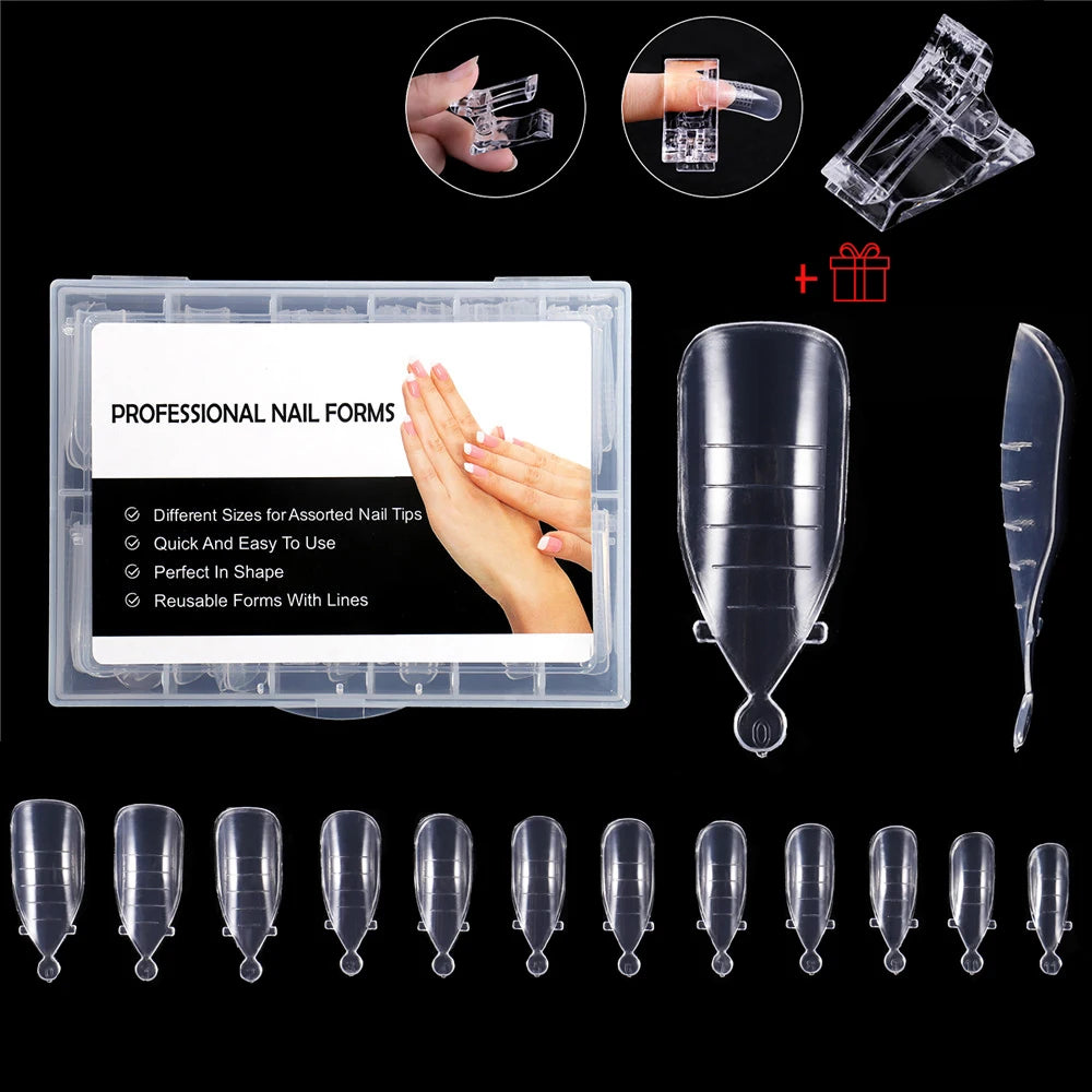 NEW Stiletto Coffin Clear Dual Forms False Tips Quick Building Gel Mold Nail System Full Cover Nail Extension Forms Top U-120pcs-box