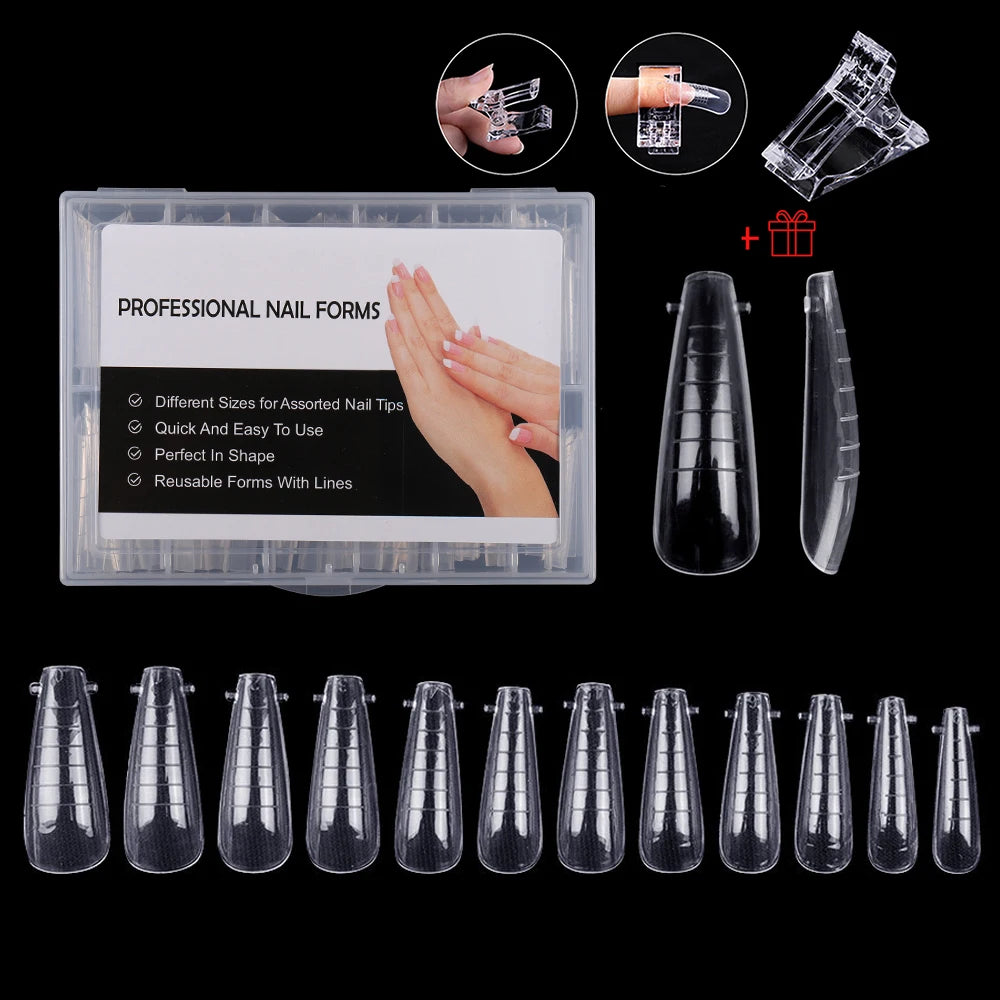 NEW Stiletto Coffin Clear Dual Forms False Tips Quick Building Gel Mold Nail System Full Cover Nail Extension Forms Top Q-...