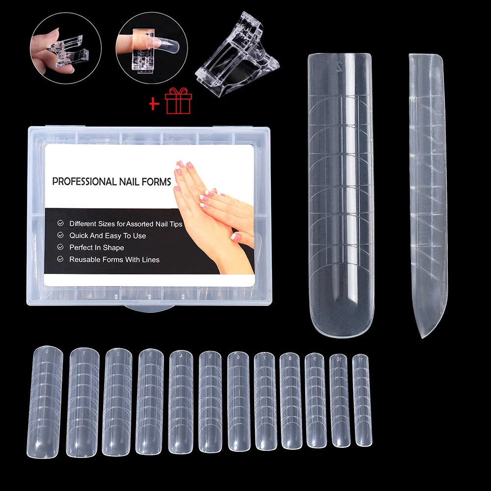 NEW Stiletto Coffin Clear Dual Forms False Tips Quick Building Gel Mold Nail System Full Cover Nail Extension Forms Top X-120pcs-box