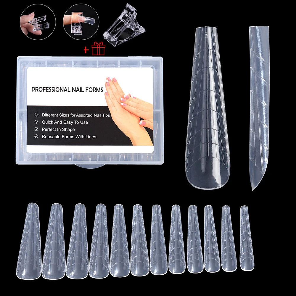 NEW Stiletto Coffin Clear Dual Forms False Tips Quick Building Gel Mold Nail System Full Cover Nail Extension Forms Top Y-...