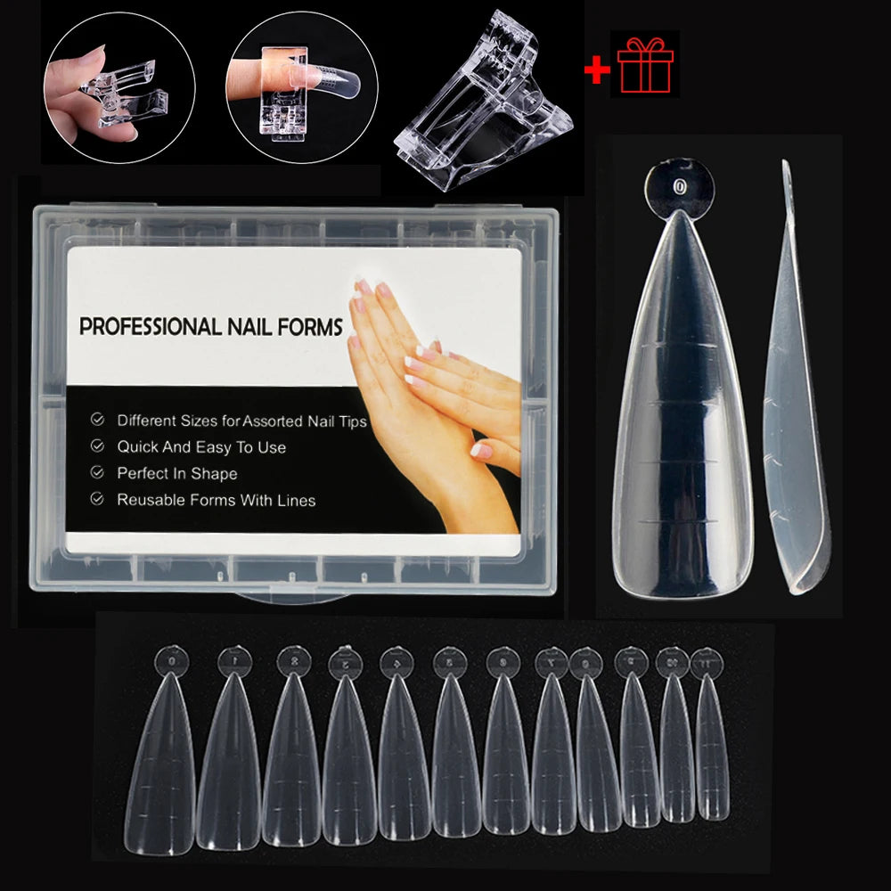 NEW Stiletto Coffin Clear Dual Forms False Tips Quick Building Gel Mold Nail System Full Cover Nail Extension Forms Top E-120PCS-box
