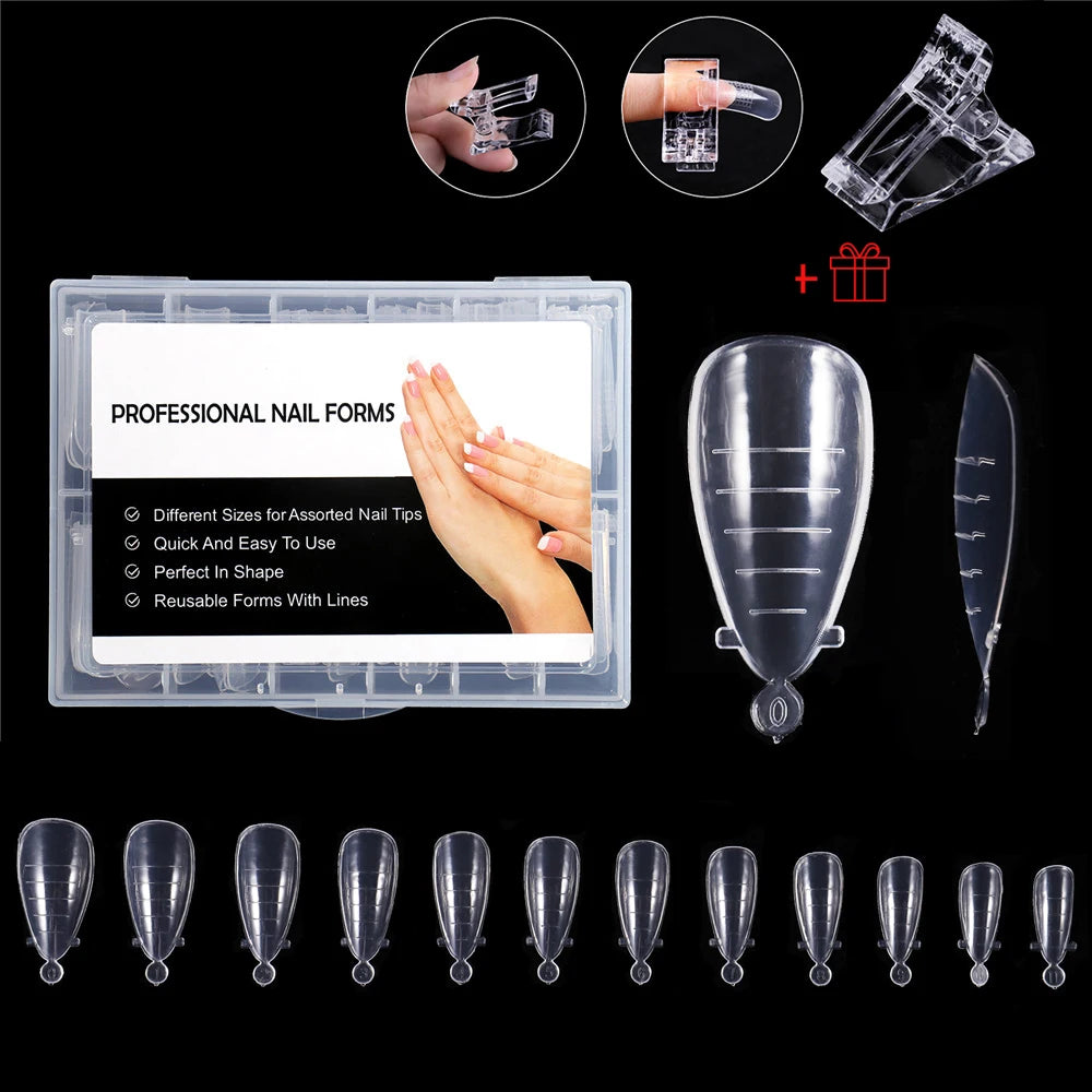 NEW Stiletto Coffin Clear Dual Forms False Tips Quick Building Gel Mold Nail System Full Cover Nail Extension Forms Top S-...