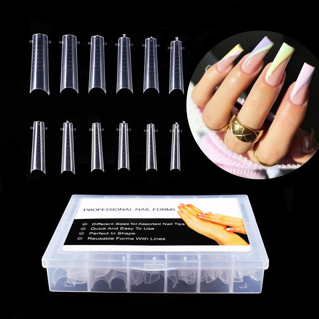 NEW Stiletto Coffin Clear Dual Forms False Tips Quick Building Gel Mold Nail System Full Cover Nail Extension Forms Top