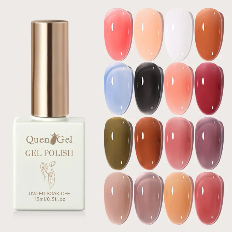 Quengel New Arrivals 15ml Jelly Gel Polish 24 Colors Private Label Logo UV LED Nail Gel Polish