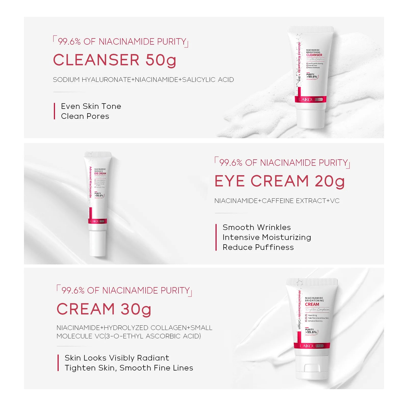 LAIKOU PRO NIACINAMIDE Skincare Products Kit Even Skin Tone Brightening Niacinamide Face Serum Whitening Skin Care Set - 