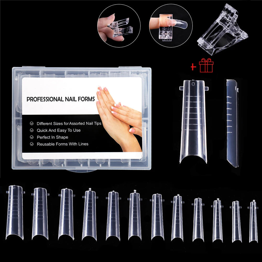 NEW Stiletto Coffin Clear Dual Forms False Tips Quick Building Gel Mold Nail System Full Cover Nail Extension Forms Top R-...