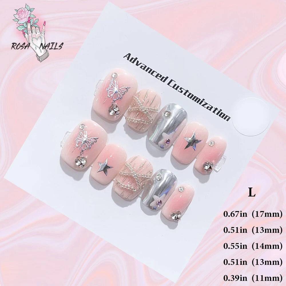 Silver Star Fake Nail Pressons Short Square Clear Rhinestones Punk Tip Saturn Stars False Tips Presson Y2k Black Press on Nails L (No.24404)