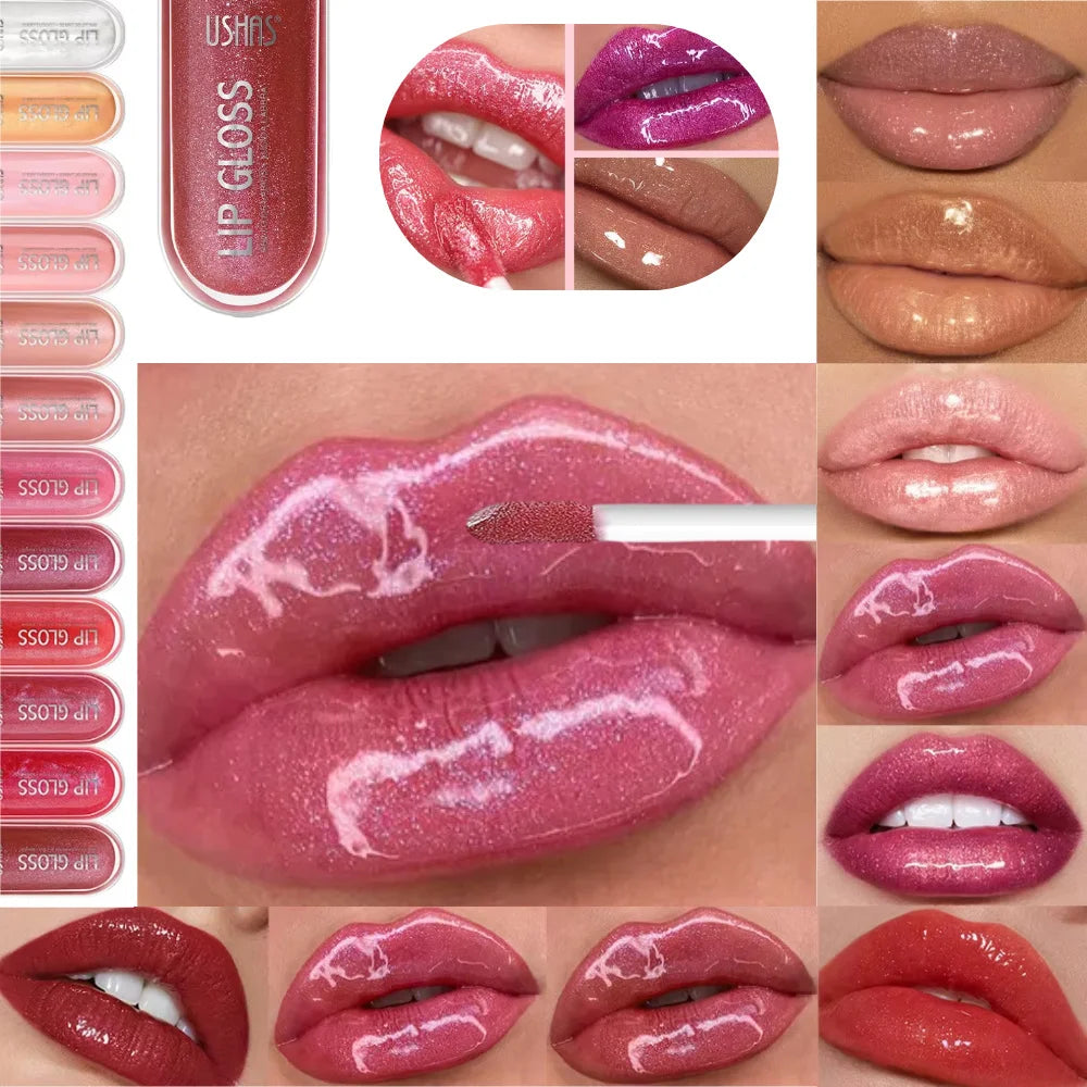 USHAS 12 colors mirror fine flash liquid lipstick pearlescent color waterproof sweatproof non-stick cup lip gloss - 