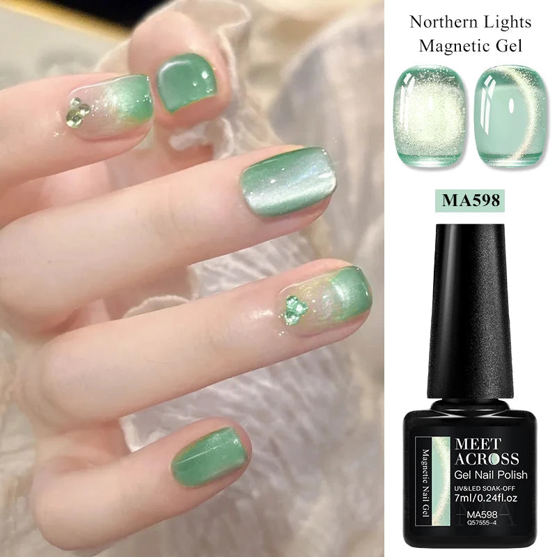 MEET ACROSS 7ml Porcelain White Cat Eye Gel Polish Holographic Glitter Magnetic Galactic Effect Gel Nail Polish Soak Off UV Gel Q57555-4