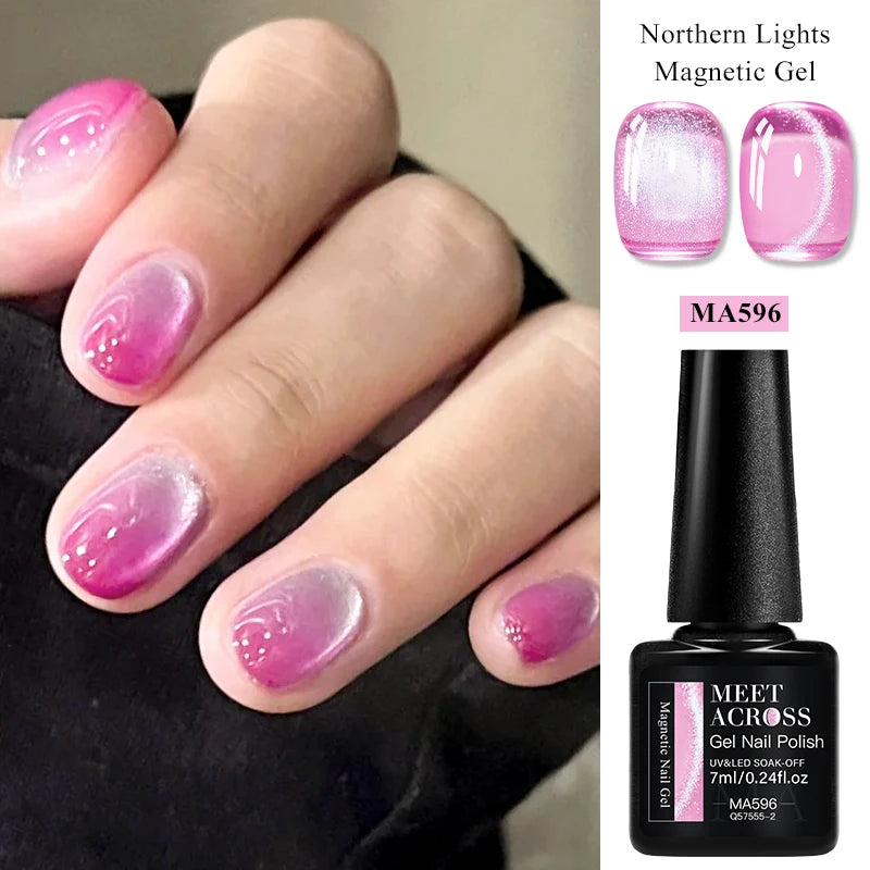 MEET ACROSS 7ml Porcelain White Cat Eye Gel Polish Holographic Glitter Magnetic Galactic Effect Gel Nail Polish Soak Off UV Gel Q57555-2