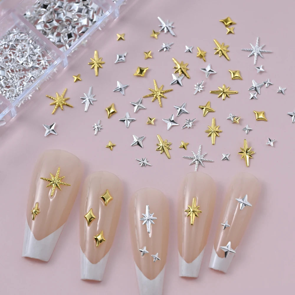 1000Pcs-12grids 3D Gold Silver Star/Cross Nail Rivet Studs Alloy Metallic Starlight Nail Charms Y2K 3d Cross/Star Manicure Rivet.