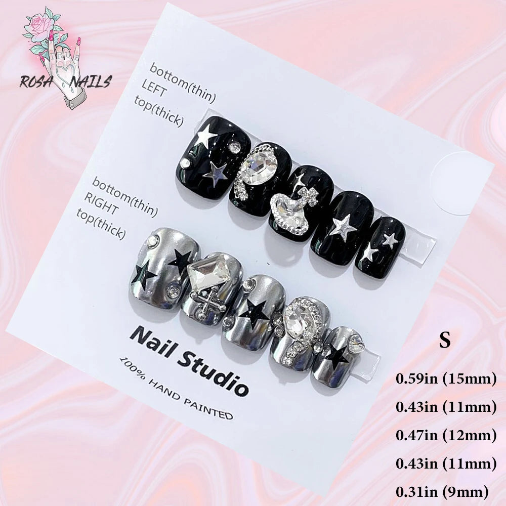 Silver Star Fake Nail Pressons Short Square Clear Rhinestones Punk Tip Saturn Stars False Tips Presson Y2k Black Press on Nails S (No.24307)