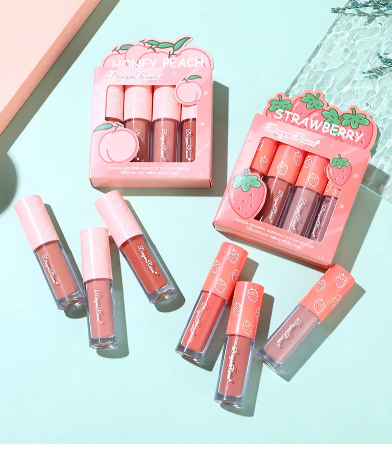 Mini Velvet Matte Lip Gloss Set, 4-Piece Non-Fading, Non-Stick Cup, Long-Lasting Fruit Scented Lip Tint, Smooth and Lightw...