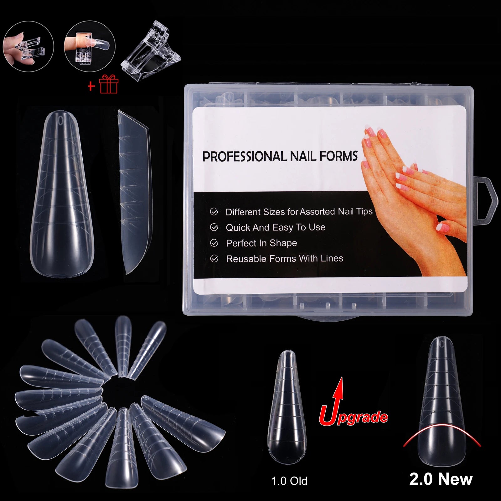 NEW Stiletto Coffin Clear Dual Forms False Tips Quick Building Gel Mold Nail System Full Cover Nail Extension Forms Top L-120pcs-box 2.0