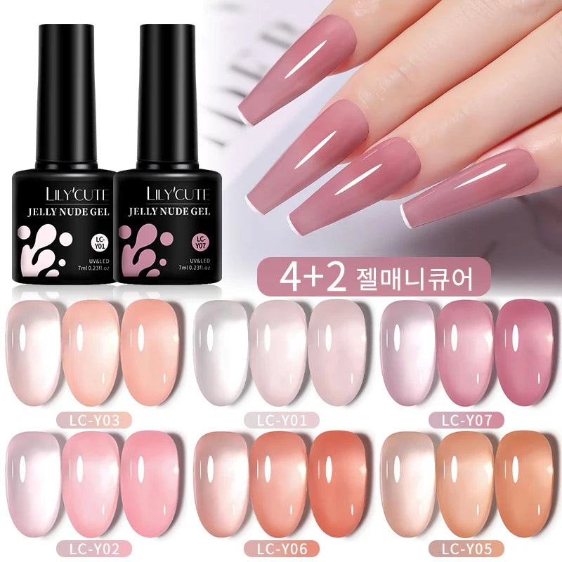 LILYCUTE 6PCS/SET 7ml Jelly Pink Nude Translucent Gel Nail Polish Set Semi Permanent Soak Off Nail Art Manicure Gel Set - 