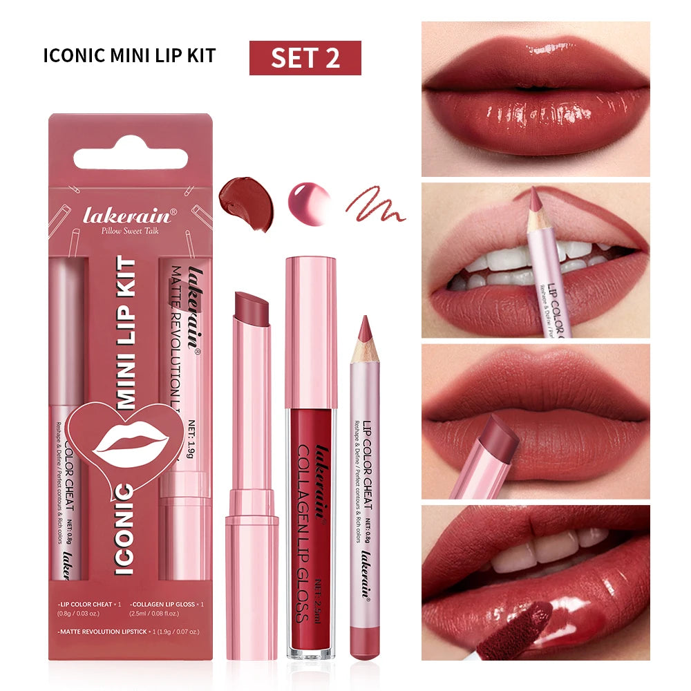 Lipliner&Lipstick Lip Gloss Set 3pcs/set Waterproof Long Lasting Lip Makeup Matte Travel Mini Set Women's Makeup Cosmetics...