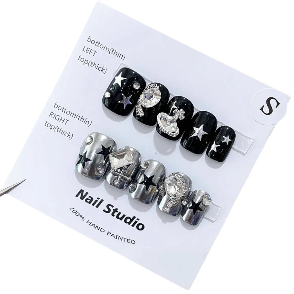 Silver Star Fake Nail Pressons Short Square Clear Rhinestones Punk Tip Saturn Stars False Tips Presson Y2k Black Press on Nails