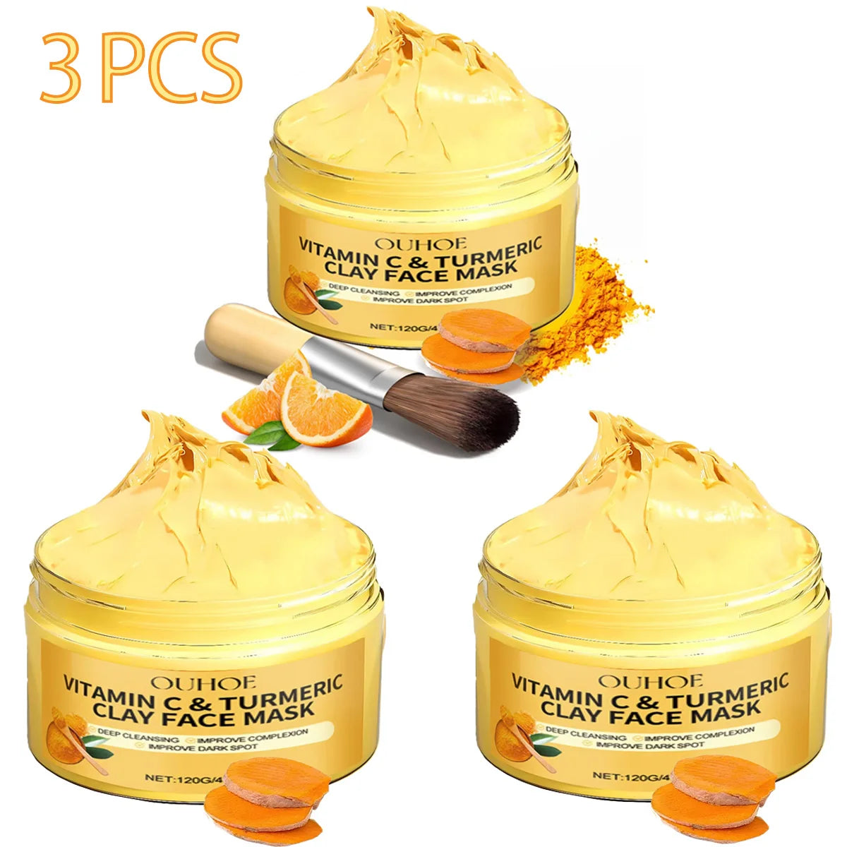 1/3PCS Turmeric VitaminC Clay Mask Deep Cleansing Facial Improves Dark Spots Hydrating Skin Care Tightens Skin Evens Skin ...