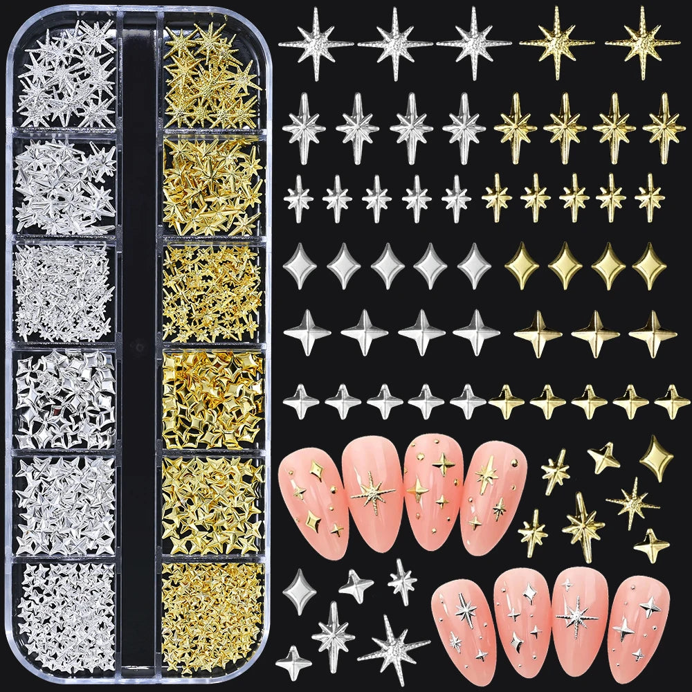 1000Pcs-12grids 3D Gold Silver Star/Cross Nail Rivet Studs Alloy Metallic Starlight Nail Charms Y2K 3d Cross/Star Manicure Rivet.