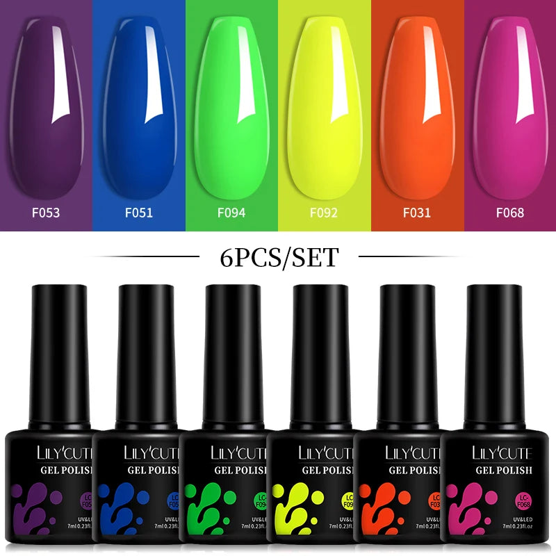 LILYCUTE 6Pcs/Set 7ML Gel DIY Nail Polish Bright Pink Semi Permanent Soak Off UV LED Gel Varnish Nail Art Design Manicure ...