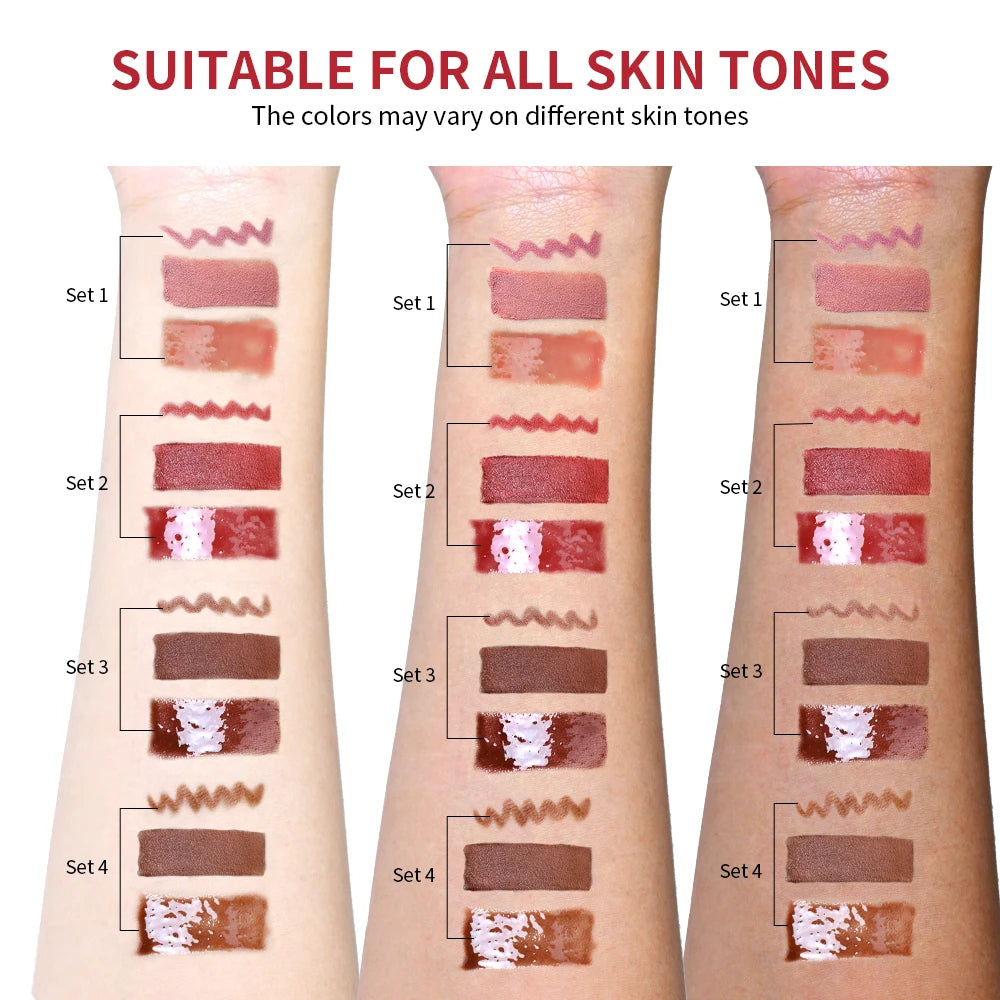 Lipliner&Lipstick Lip Gloss Set 3pcs/set Waterproof Long Lasting Lip Makeup Matte Travel Mini Set Women's Makeup Cosmetics - 