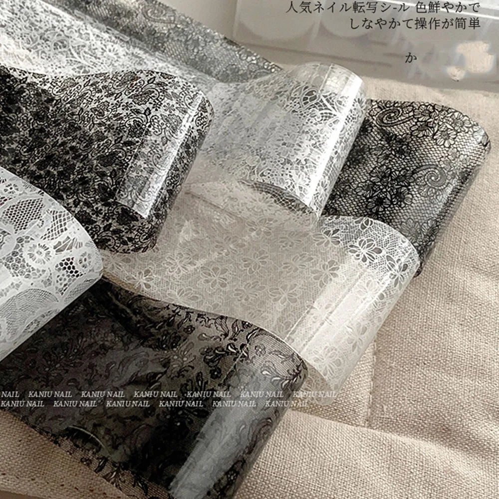 10 Rolls 2.5*50cm Sexy Lace Nail Foils Black White Transfer Paper Nail Art Stickers Stripe Lace Manicure Decals Nail Decorations Aurora Glow Avenue