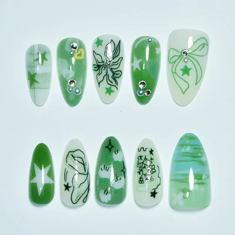 New 10pcs Handmade Press on Nails Art Green Almond False Nail Tip Ocean Butterfly Flower Design Fake Nail Set Manicure for...