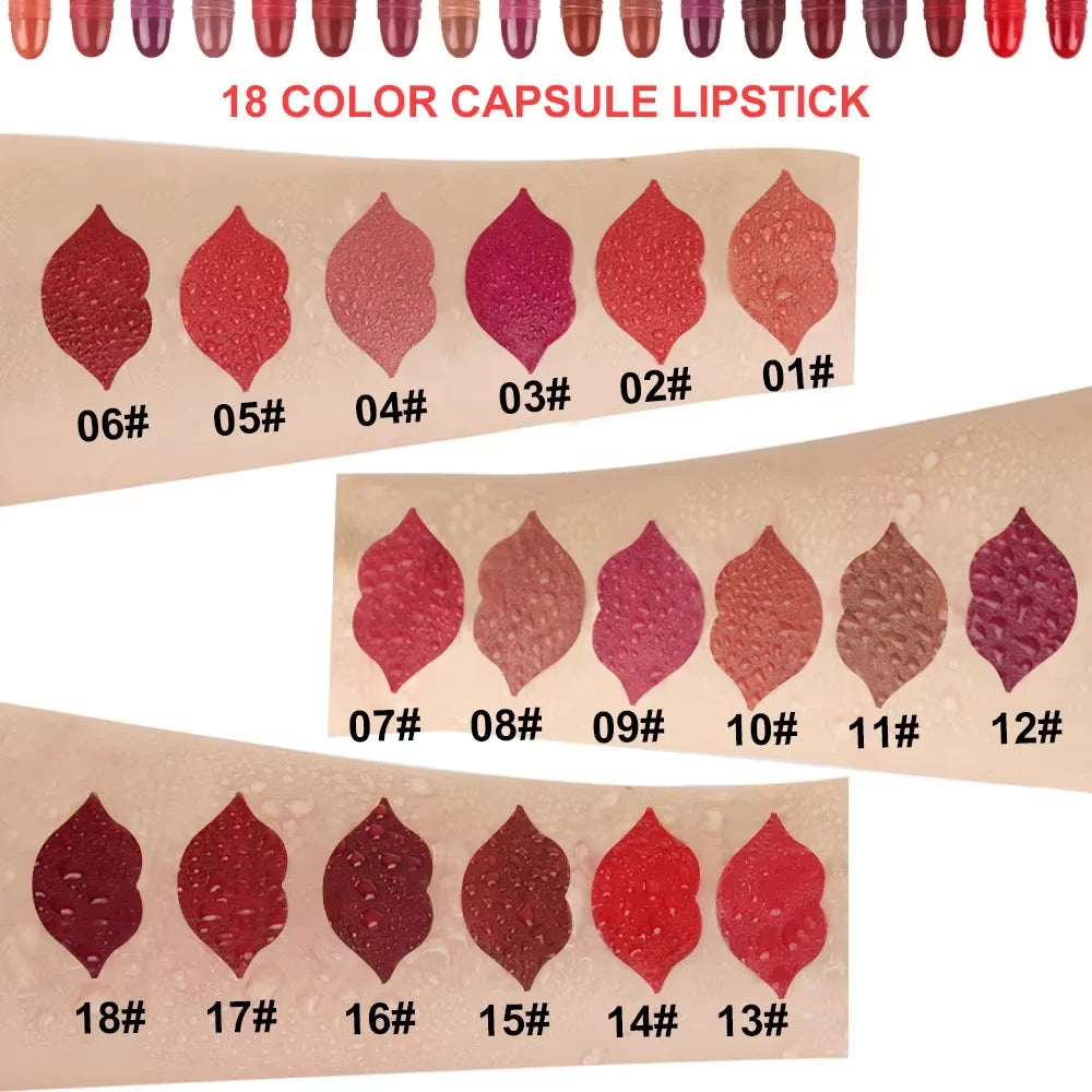 Set of 18 Colorful Capsule Lipstick Pills, Including Waterproof And Long-Lasting Lip Gloss, Sparkling Glitter Lipstick