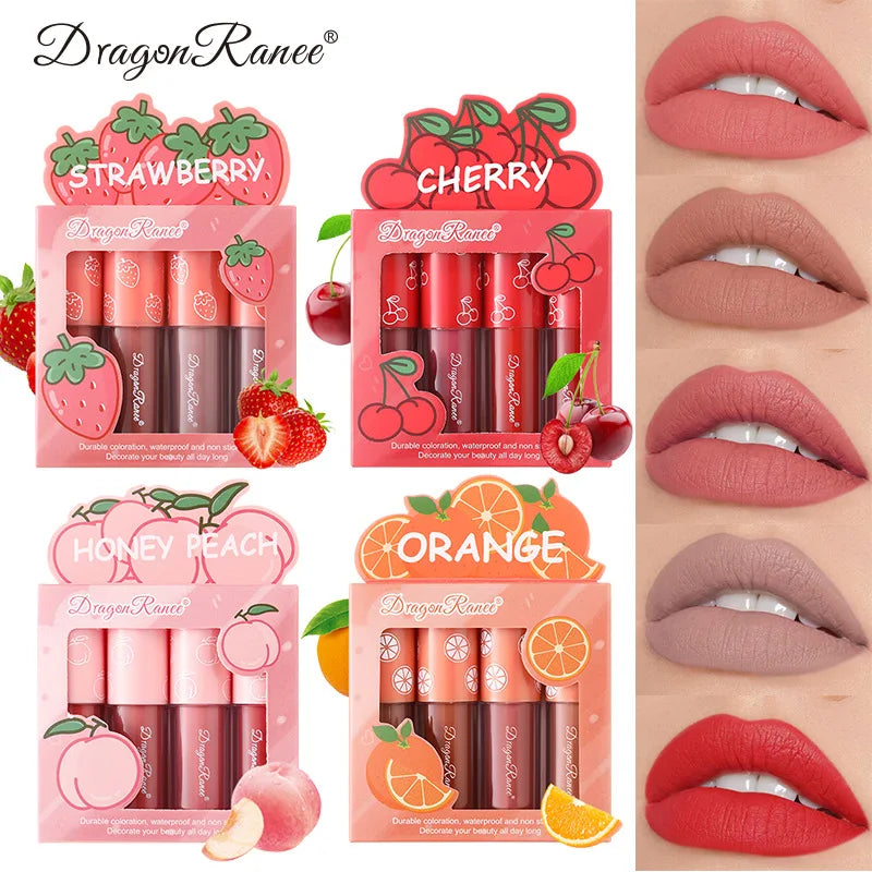 Mini Velvet Matte Lip Gloss Set, 4-Piece Non-Fading, Non-Stick Cup, Long-Lasting Fruit Scented Lip Tint, Smooth and Lightw...