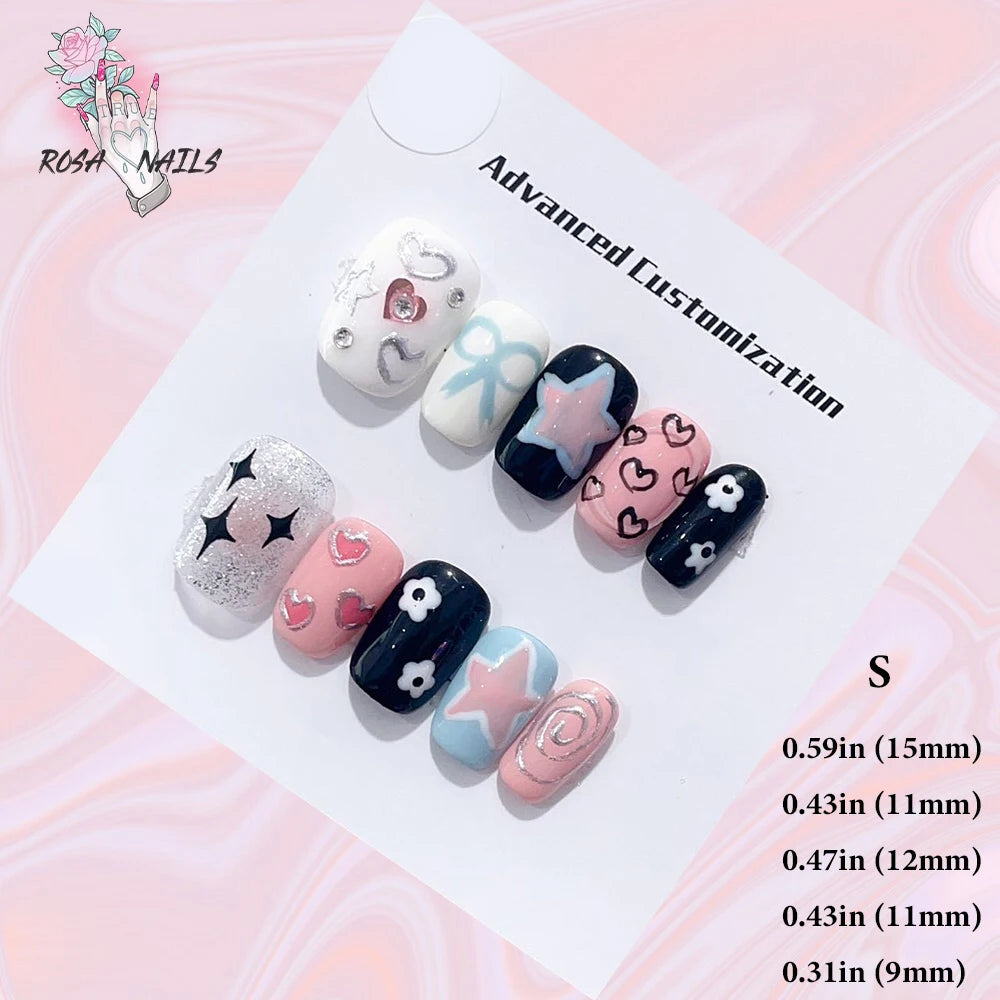 Silver Star Fake Nail Pressons Short Square Clear Rhinestones Punk Tip Saturn Stars False Tips Presson Y2k Black Press on Nails S (No.24506)