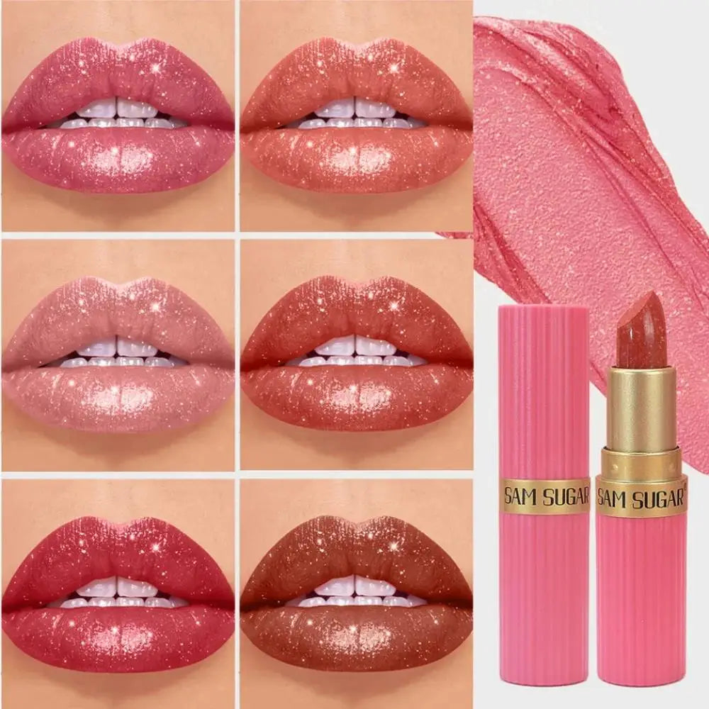 Pink Brown Metallic Glitter Lipstick Long Lasting Waterproof Shimmery Pearl Sparkling Lip Gloss Luxury Makeup - 