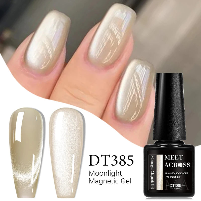 MEET ACROSS 7ml Porcelain White Cat Eye Gel Polish Holographic Glitter Magnetic Galactic Effect Gel Nail Polish Soak Off U...
