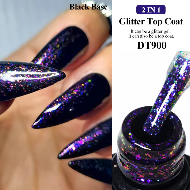 MEET ACROSS 7ml Dark Color Glitter Top Coat Gel For Nails Brocade Powder 2 In 1 Chameleon Nail Art Gel Varnish Manicure Q5...