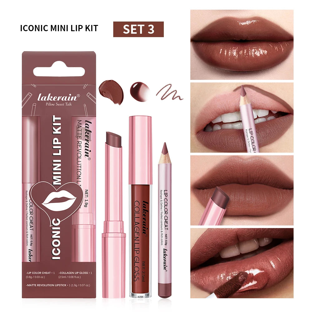 Lipliner&Lipstick Lip Gloss Set 3pcs/set Waterproof Long Lasting Lip Makeup Matte Travel Mini Set Women's Makeup Cosmetics...