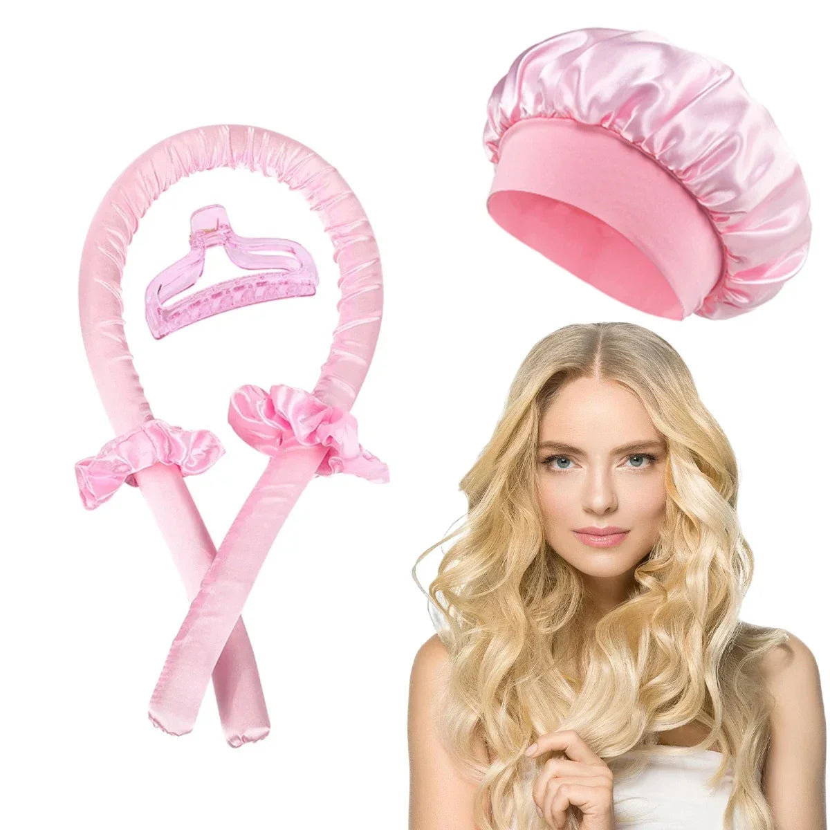Heatless Curling Rod Headband Night Cap No Heat Hair Curler Hair Rollers Soft Curlers Lazy Curls Sleeping Bonnet Styling Tools Pink with cap