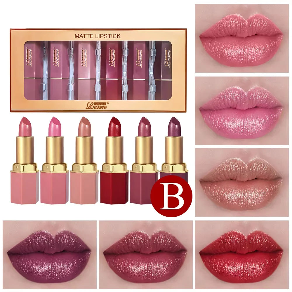 6 Colors Gold Bar Tube Lipstick Matte Texture Pearlescent Glitter Velvet Lipstick Valentine's Day Gift 6PCS Full Size SS26-B