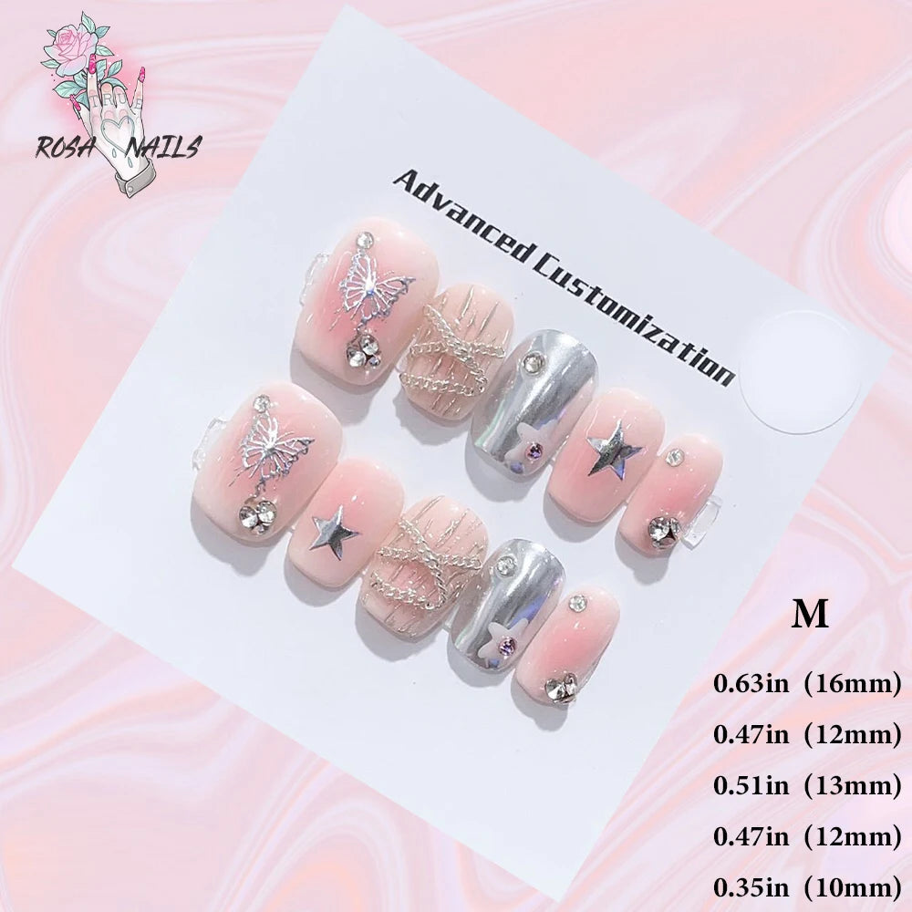 Silver Star Fake Nail Pressons Short Square Clear Rhinestones Punk Tip Saturn Stars False Tips Presson Y2k Black Press on ...