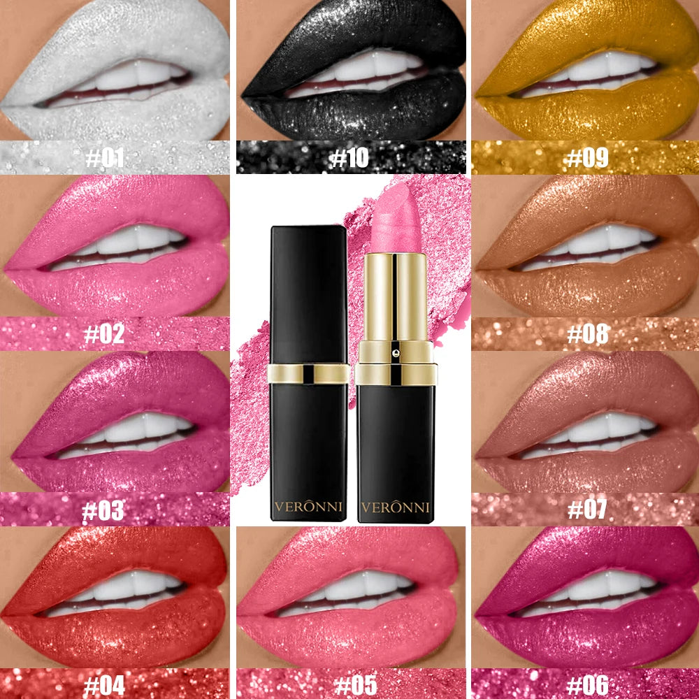 10 Colors Glitter Lipstick Waterproof Long Lasting Diamond Pearlescent Metallic Lipstick Lipgloss Women Lips Makeup Cosmet...