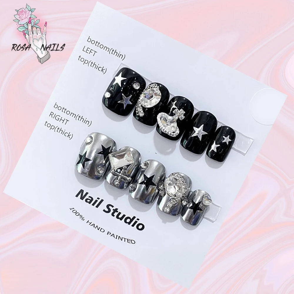 Silver Star Fake Nail Pressons Short Square Clear Rhinestones Punk Tip Saturn Stars False Tips Presson Y2k Black Press on Nails