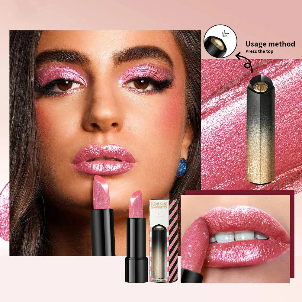1 PC Glitter Lipstick, a pressable pearlescent lipstick, is very shiny like crushed diamond particles, smooth and long-las...