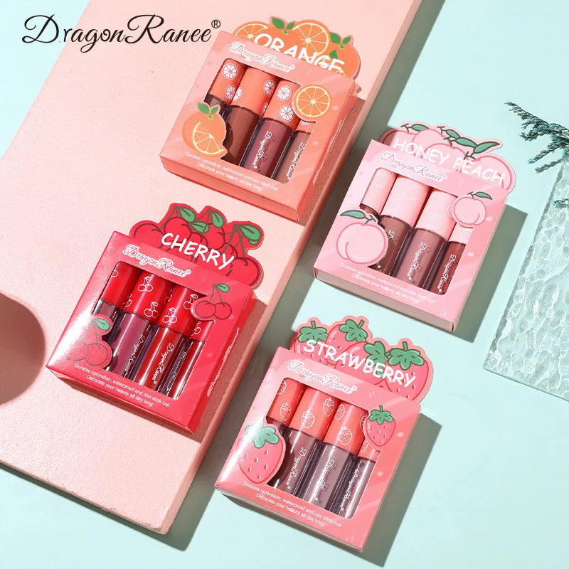 Mini Velvet Matte Lip Gloss Set, 4-Piece Non-Fading, Non-Stick Cup, Long-Lasting Fruit Scented Lip Tint, Smooth and Lightw...